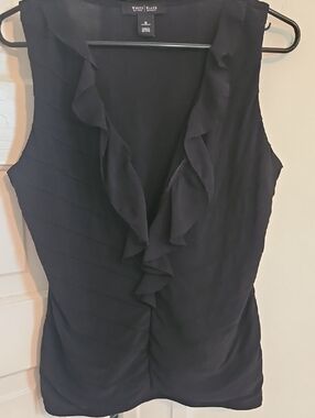 White House Black Market Black Sleeveless Ruffle V-Neck Top